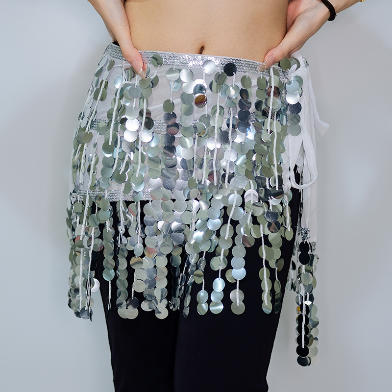 Set brâu pentru Belly Dance cu ciucuri și fustă cu paiete – costum de spectacol pentru dans oriental, stil street hipster, poliester 95%+