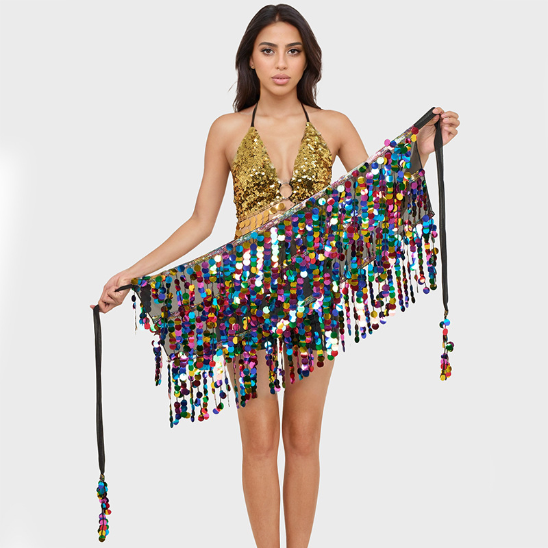 Set brâu pentru Belly Dance cu ciucuri și fustă cu paiete – costum de spectacol pentru dans oriental, stil street hipster, poliester 95%+