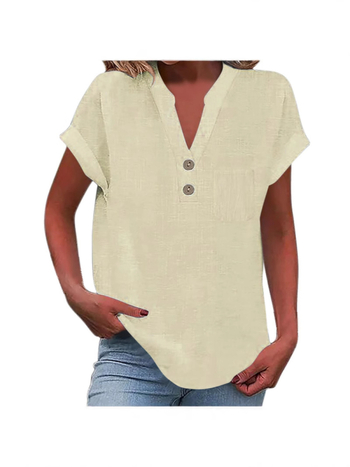 Női ing pamut-len keverék, mosott gyűrődéses textúra, rövid ujjú, V-nyakú, laza fazon, gombos záródás egy sor és csatok