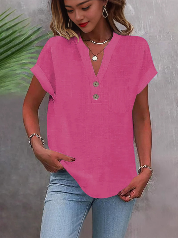 Női ing pamut-len keverék, mosott gyűrődéses textúra, rövid ujjú, V-nyakú, laza fazon, gombos záródás egy sor és csatok