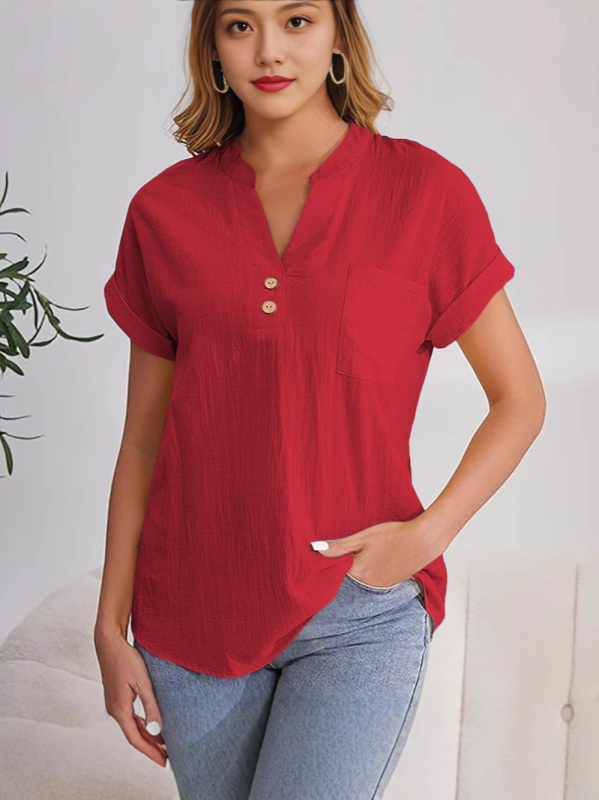 Női ing pamut-len keverék, mosott gyűrődéses textúra, rövid ujjú, V-nyakú, laza fazon, gombos záródás egy sor és csatok