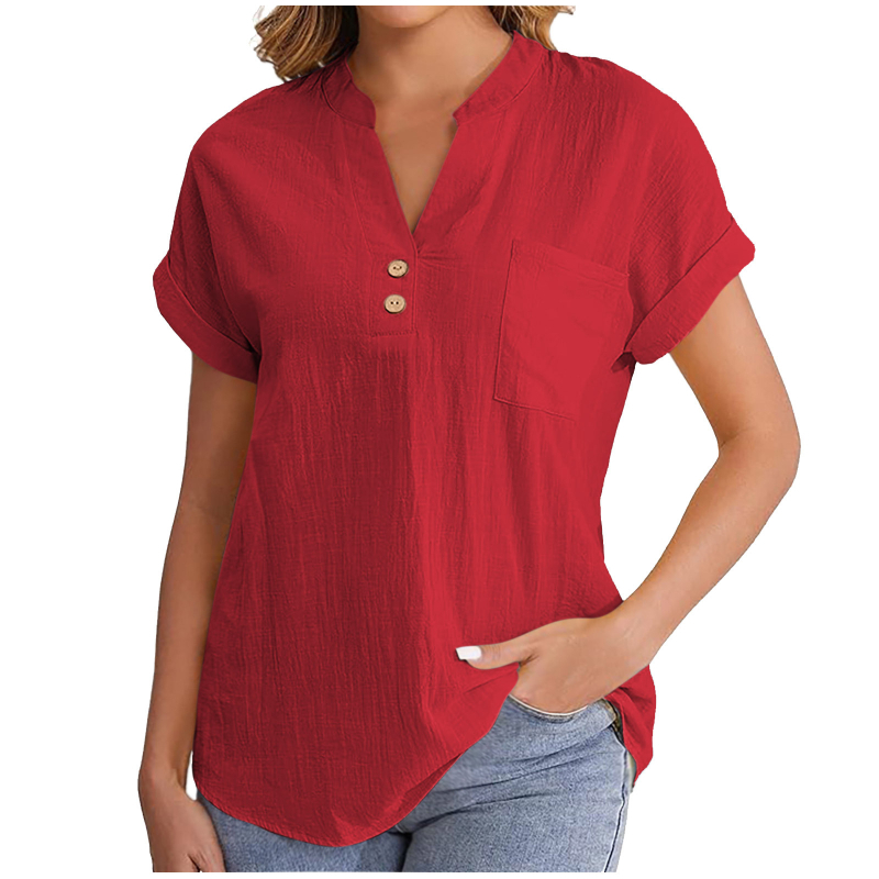 Női ing pamut-len keverék, mosott gyűrődéses textúra, rövid ujjú, V-nyakú, laza fazon, gombos záródás egy sor és csatok