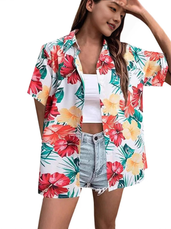 Bluza de damă cu imprimare digitală 3D, model tropical floral, poliester, mâneci scurte, croială lejeră