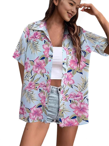 Bluza de damă cu imprimare digitală 3D, model tropical floral, poliester, mâneci scurte, croială lejeră