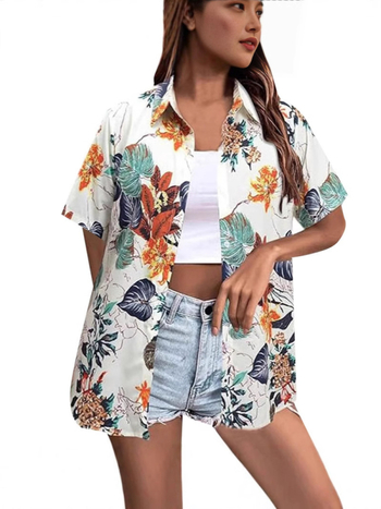 Bluza de damă cu imprimare digitală 3D, model tropical floral, poliester, mâneci scurte, croială lejeră