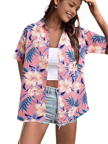 Bluza de damă cu imprimare digitală 3D, model tropical floral, poliester, mâneci scurte, croială lejeră