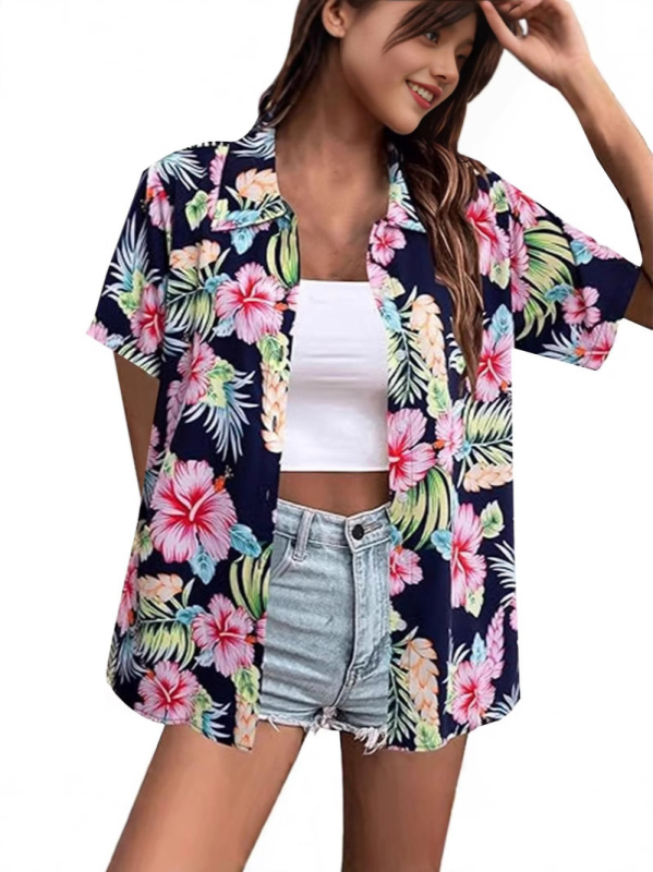 Bluza de damă cu imprimare digitală 3D, model tropical floral, poliester, mâneci scurte, croială lejeră