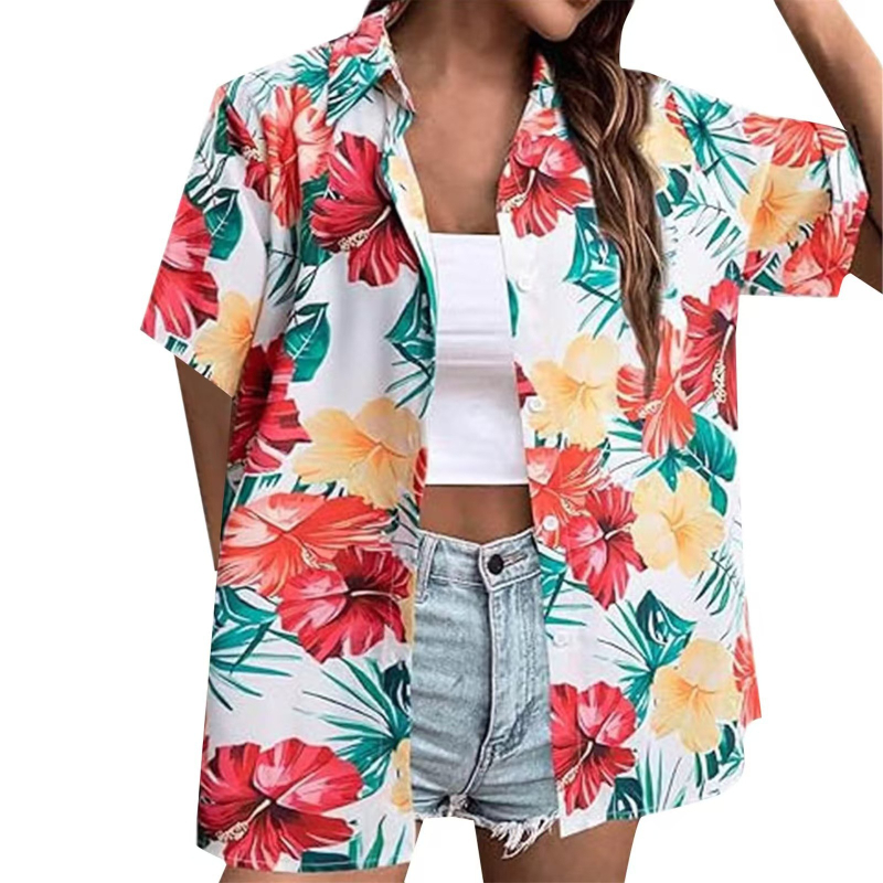 Bluza de damă cu imprimare digitală 3D, model tropical floral, poliester, mâneci scurte, croială lejeră