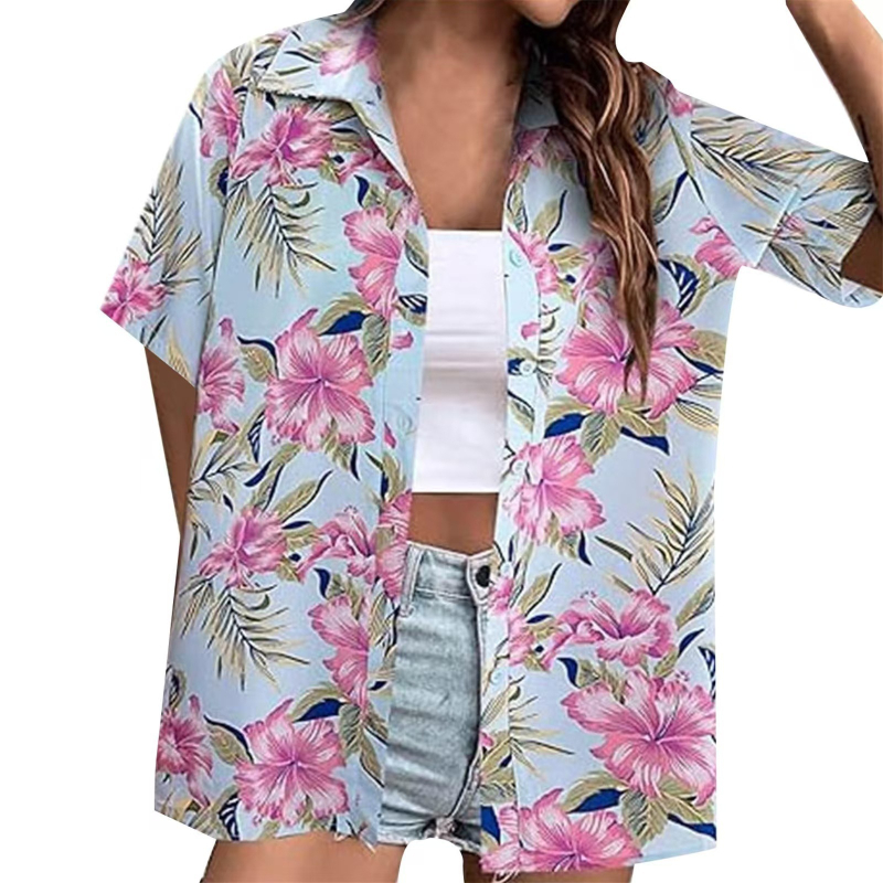 Bluza de damă cu imprimare digitală 3D, model tropical floral, poliester, mâneci scurte, croială lejeră