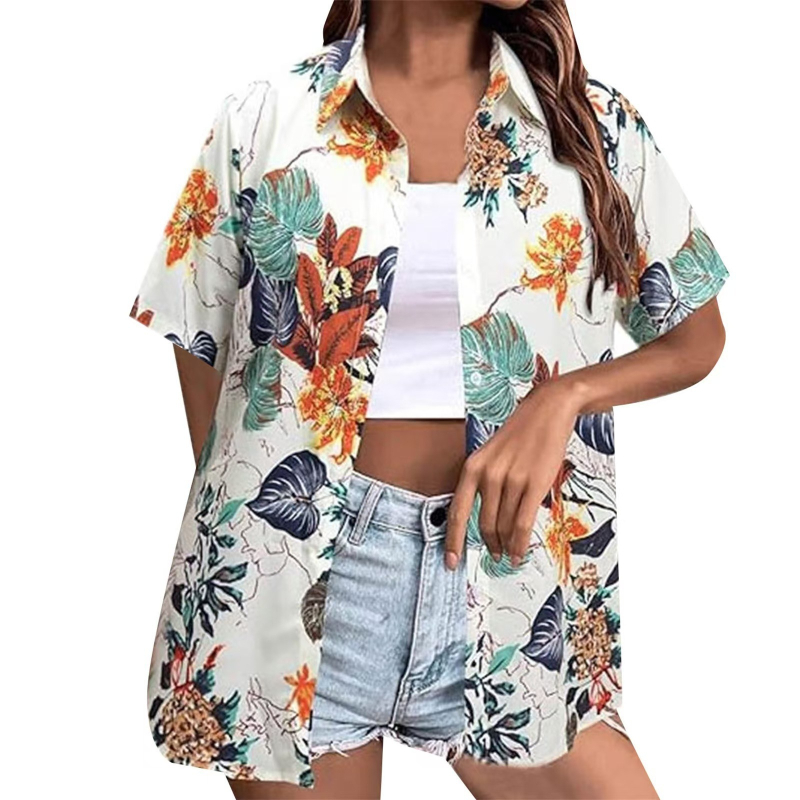 Bluza de damă cu imprimare digitală 3D, model tropical floral, poliester, mâneci scurte, croială lejeră