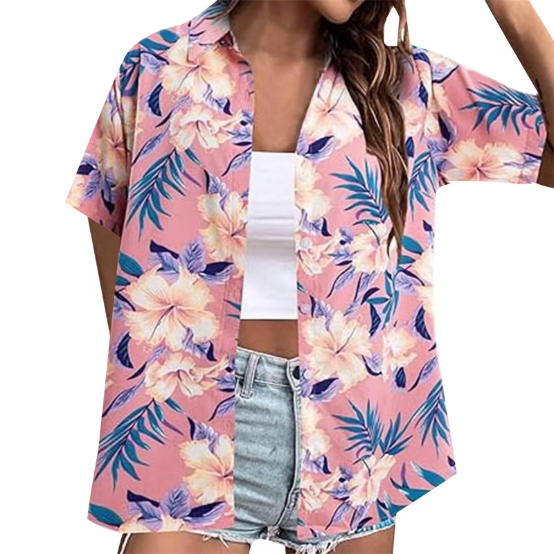 Bluza de damă cu imprimare digitală 3D, model tropical floral, poliester, mâneci scurte, croială lejeră