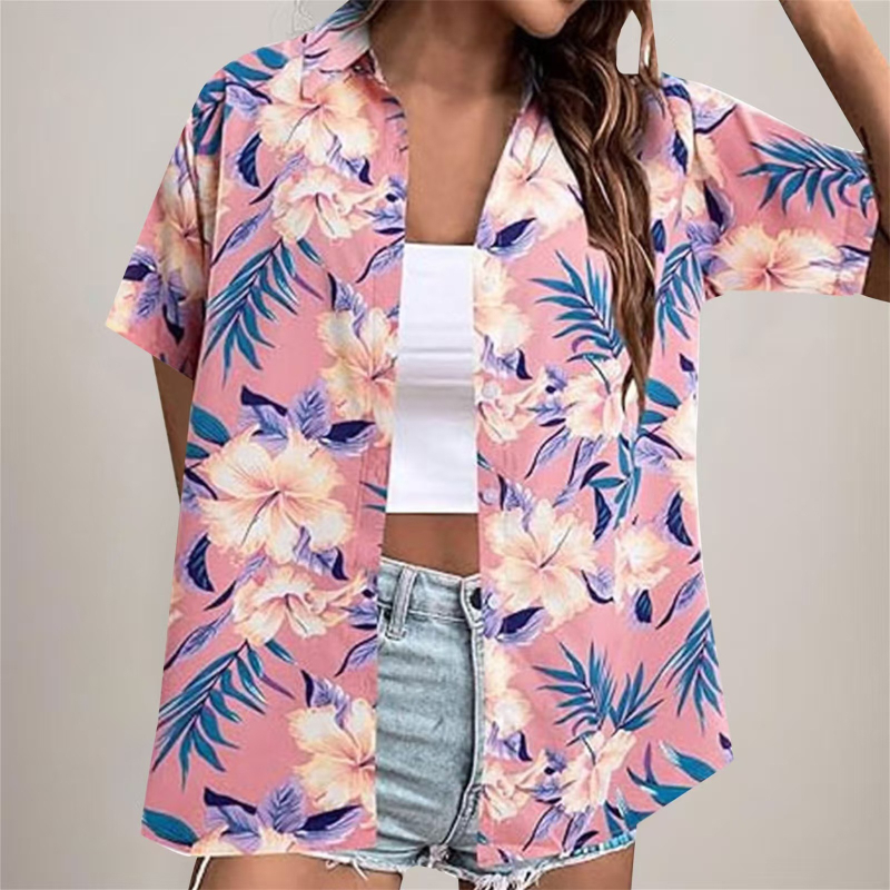 Bluza de damă cu imprimare digitală 3D, model tropical floral, poliester, mâneci scurte, croială lejeră