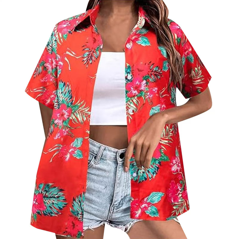 Bluza de damă cu imprimare digitală 3D, model tropical floral, poliester, mâneci scurte, croială lejeră