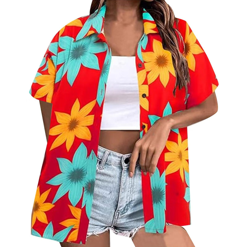 Bluza de damă cu imprimare digitală 3D, model tropical floral, poliester, mâneci scurte, croială lejeră