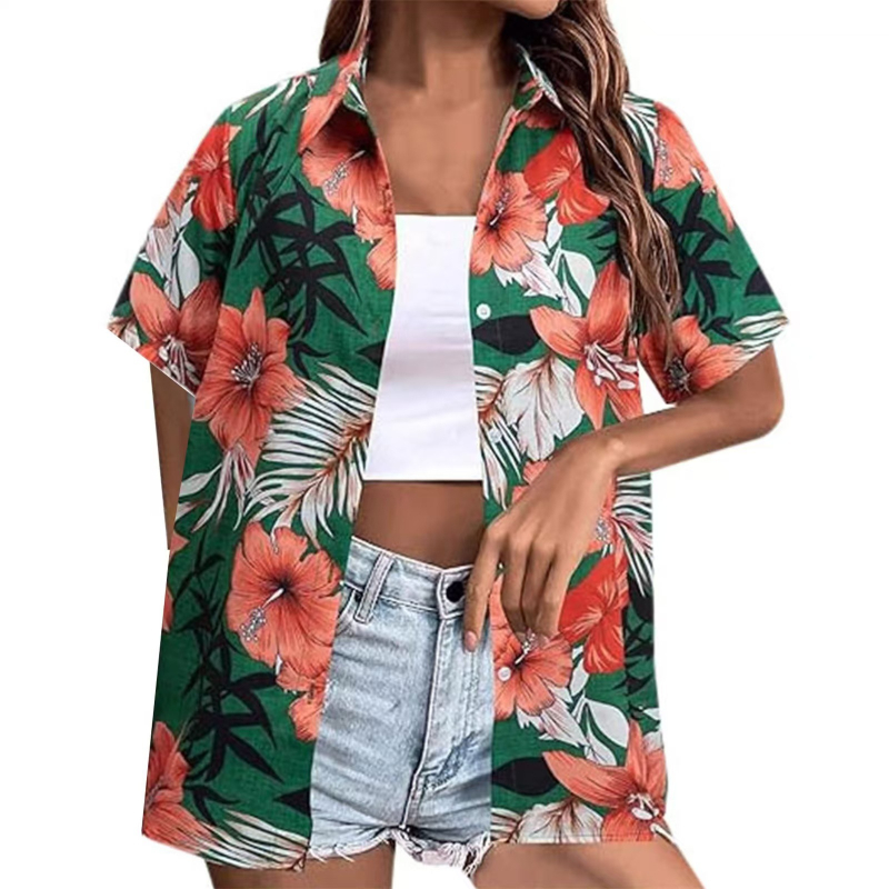 Bluza de damă cu imprimare digitală 3D, model tropical floral, poliester, mâneci scurte, croială lejeră