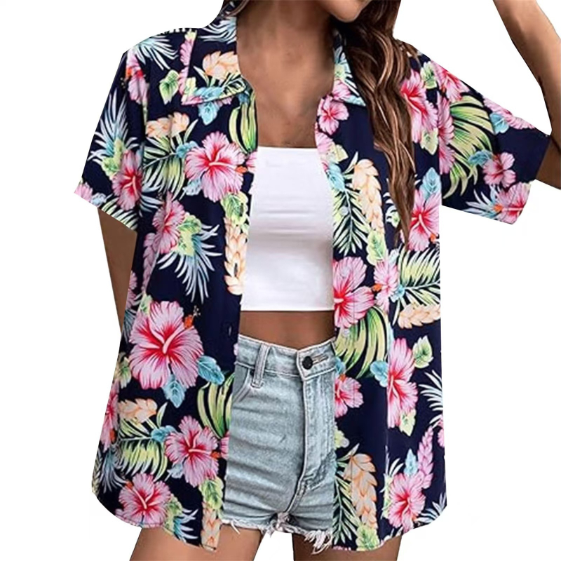 Bluza de damă cu imprimare digitală 3D, model tropical floral, poliester, mâneci scurte, croială lejeră