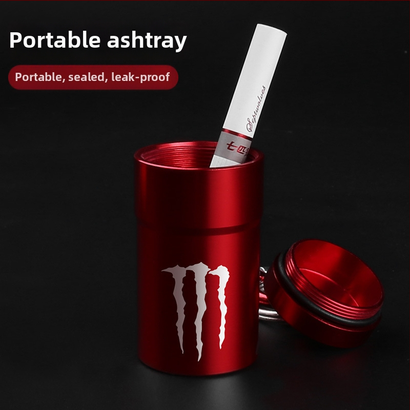 Hordozható hamutartó alumínium ötvözetből, zárt tárolóval, fém tablettásüveg és kulcstartó, nyomtatott logóval