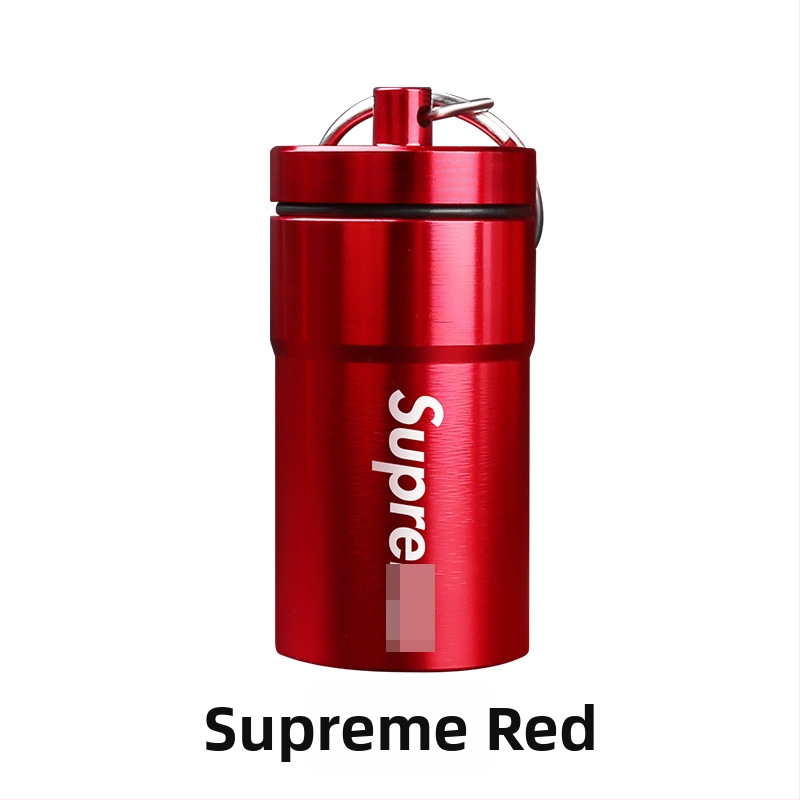 Hordozható hamutartó alumínium ötvözetből, zárt tárolóval, fém tablettásüveg és kulcstartó, nyomtatott logóval