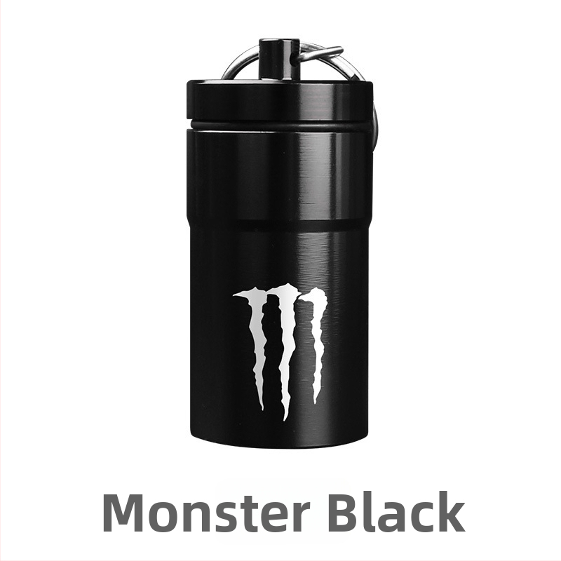 Hordozható hamutartó alumínium ötvözetből, zárt tárolóval, fém tablettásüveg és kulcstartó, nyomtatott logóval