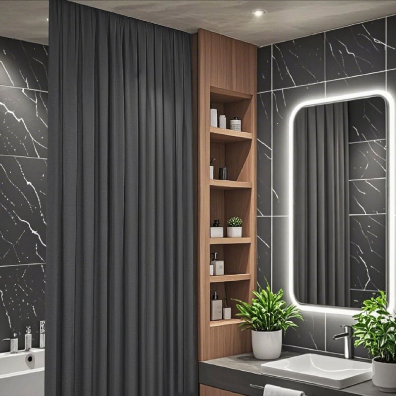 Perdea de duș din in cu șină — Minimalist, model solid, suportă personalizarea, imprimare logo disponibil