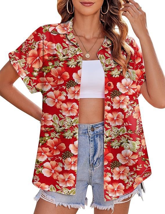Női hawaii-ing 3D virágos mintával, poliészter, egyenes szabású, rever gallér