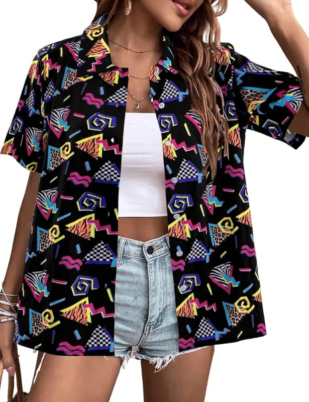 Női hawaii-ing 3D virágos mintával, poliészter, egyenes szabású, rever gallér