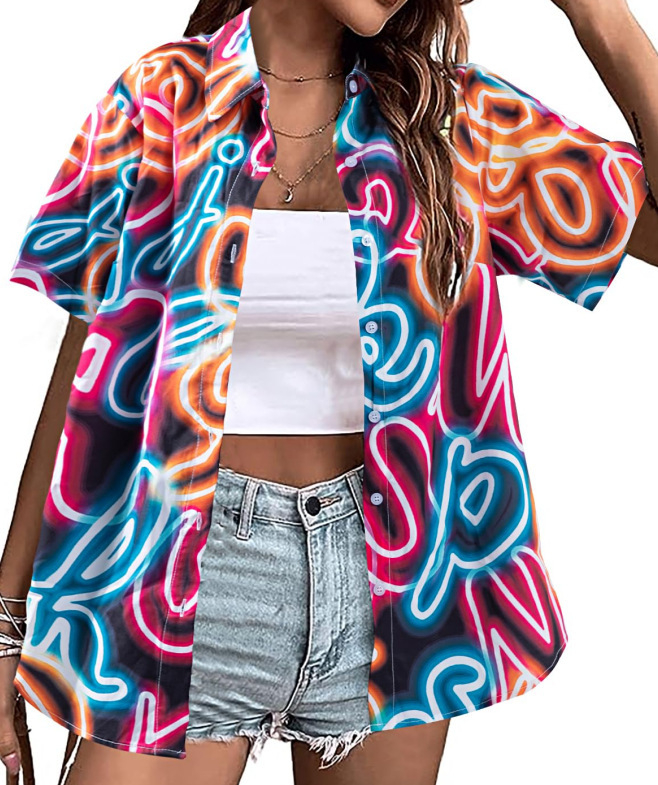 Női hawaii-ing 3D virágos mintával, poliészter, egyenes szabású, rever gallér