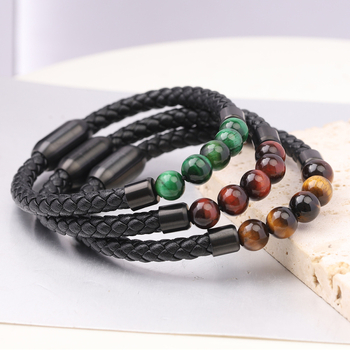Brățară din piele pentru bărbați cu ochi de tigru, țesută cu mărgele, realizată manual, închidere magnetică