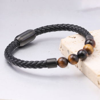 Brățară din piele pentru bărbați cu ochi de tigru, țesută cu mărgele, realizată manual, închidere magnetică