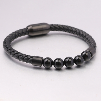 Brățară din piele pentru bărbați cu ochi de tigru, țesută cu mărgele, realizată manual, închidere magnetică