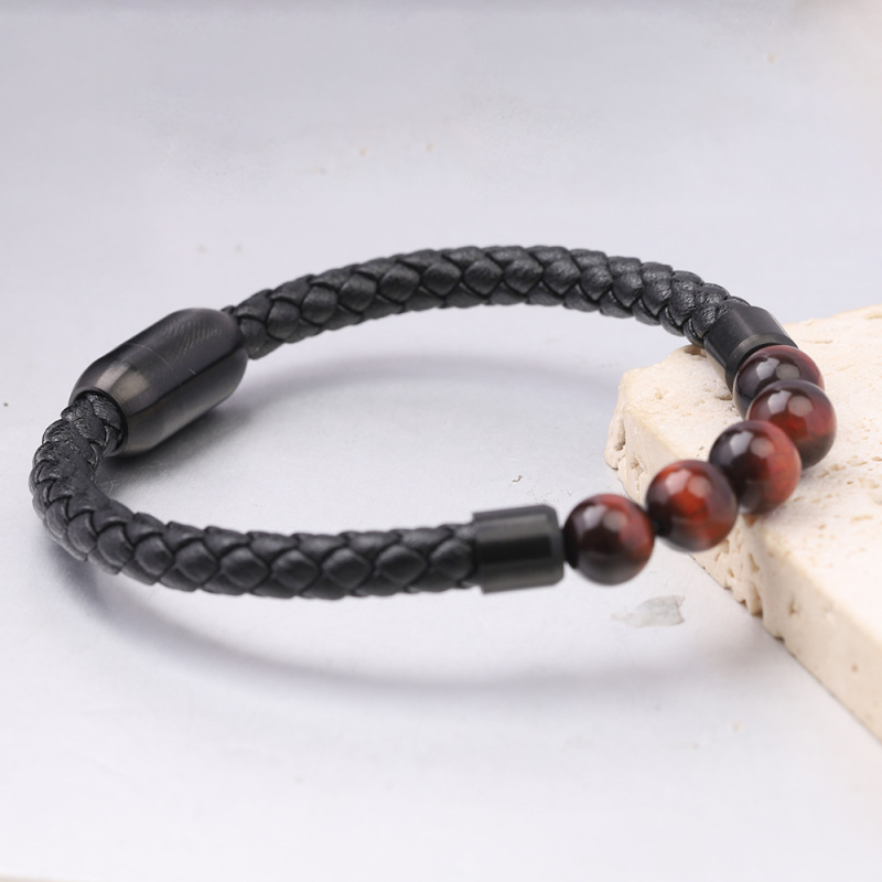 Brățară din piele pentru bărbați cu ochi de tigru, țesută cu mărgele, realizată manual, închidere magnetică