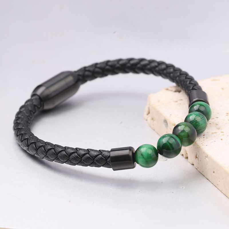 Brățară din piele pentru bărbați cu ochi de tigru, țesută cu mărgele, realizată manual, închidere magnetică