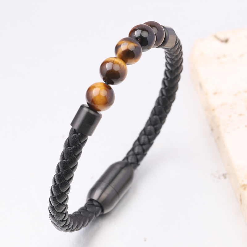 Brățară din piele pentru bărbați cu ochi de tigru, țesută cu mărgele, realizată manual, închidere magnetică