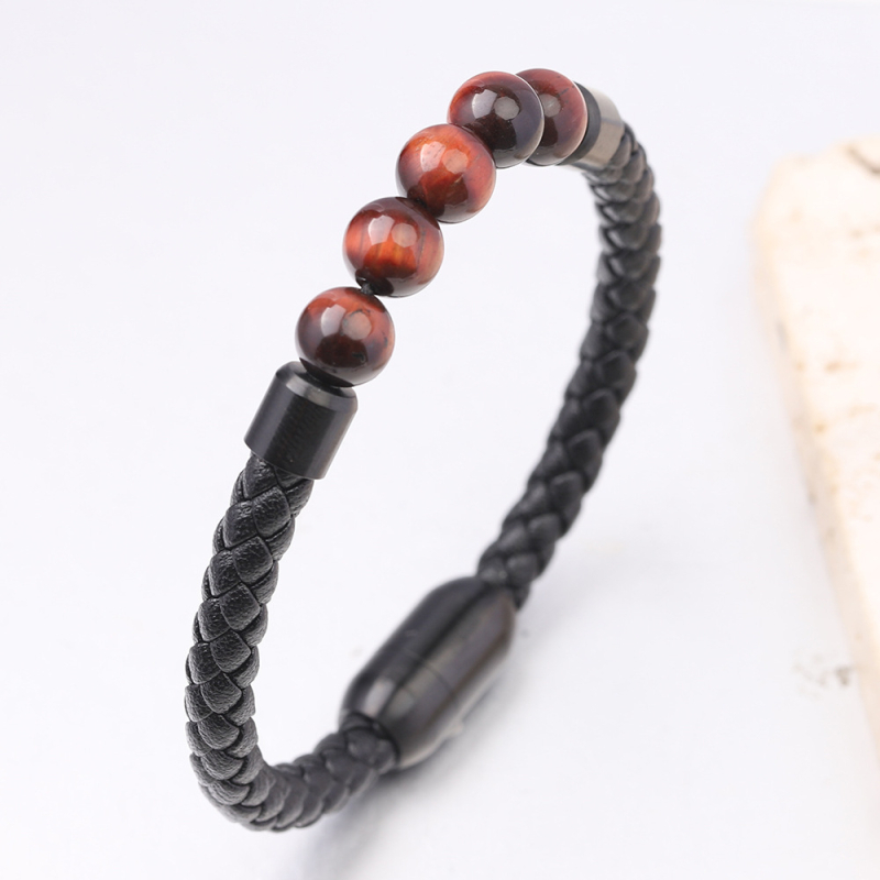 Brățară din piele pentru bărbați cu ochi de tigru, țesută cu mărgele, realizată manual, închidere magnetică