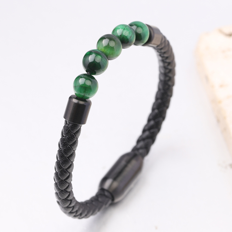 Brățară din piele pentru bărbați cu ochi de tigru, țesută cu mărgele, realizată manual, închidere magnetică