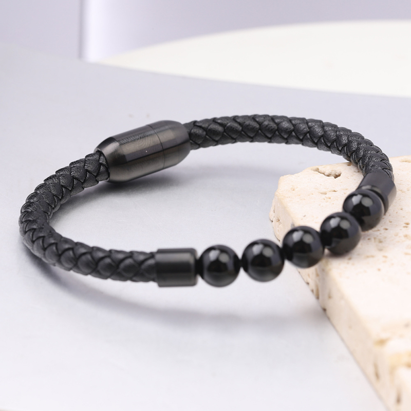 Brățară din piele pentru bărbați cu ochi de tigru, țesută cu mărgele, realizată manual, închidere magnetică