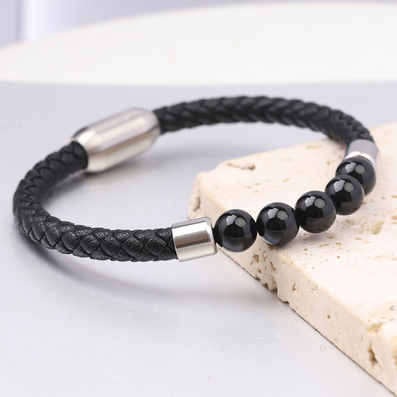 Brățară din piele pentru bărbați cu ochi de tigru, țesută cu mărgele, realizată manual, închidere magnetică