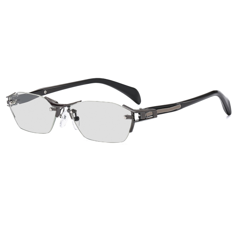 Ochelari de citit fără ramă, cu lentile ce își schimbă culoarea, anti-lumină albastră, lentile PC, ramă din aliaj aluminiu-magneziu și rășină