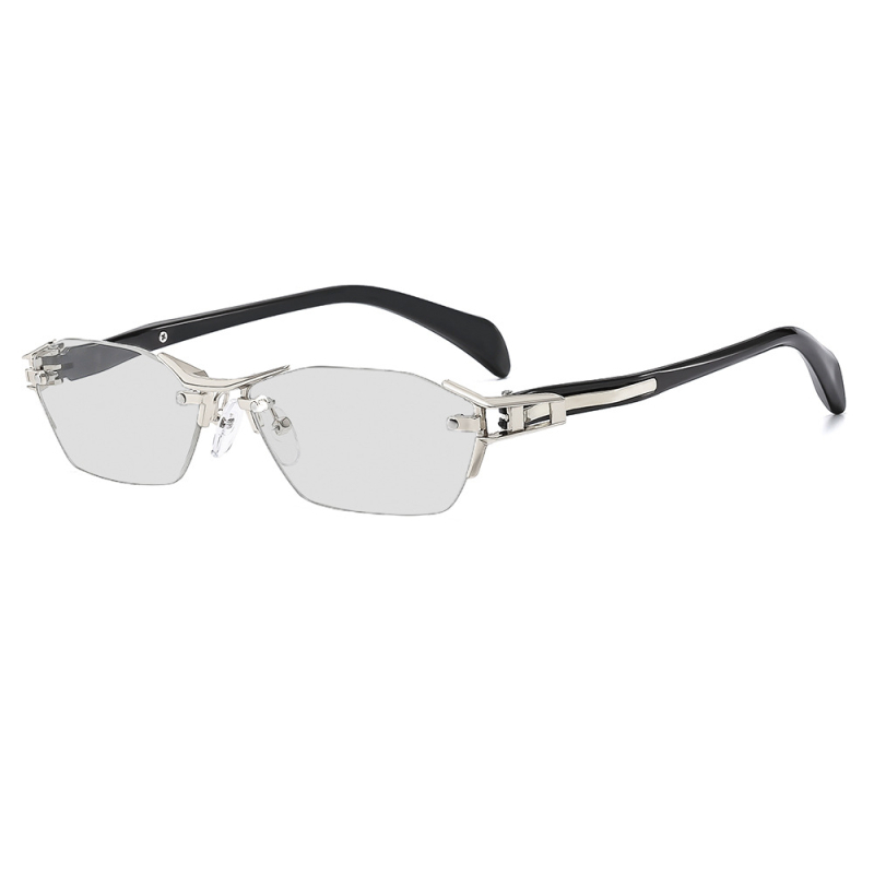 Ochelari de citit fără ramă, cu lentile ce își schimbă culoarea, anti-lumină albastră, lentile PC, ramă din aliaj aluminiu-magneziu și rășină