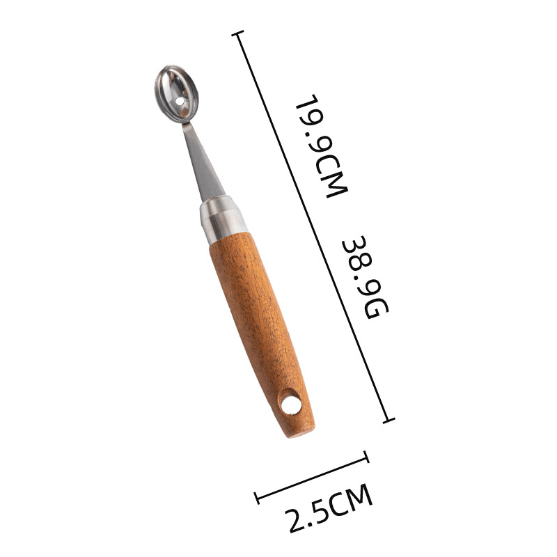Set de ustensile de bucătărie din oțel inoxidabil 304, cu mâner din lemn – include formator pentru bile de fructe, suport pentru tavă, decupator de sâmburi, cuțit pentru creveți, cuțit de decojit, deschizător de sticle
