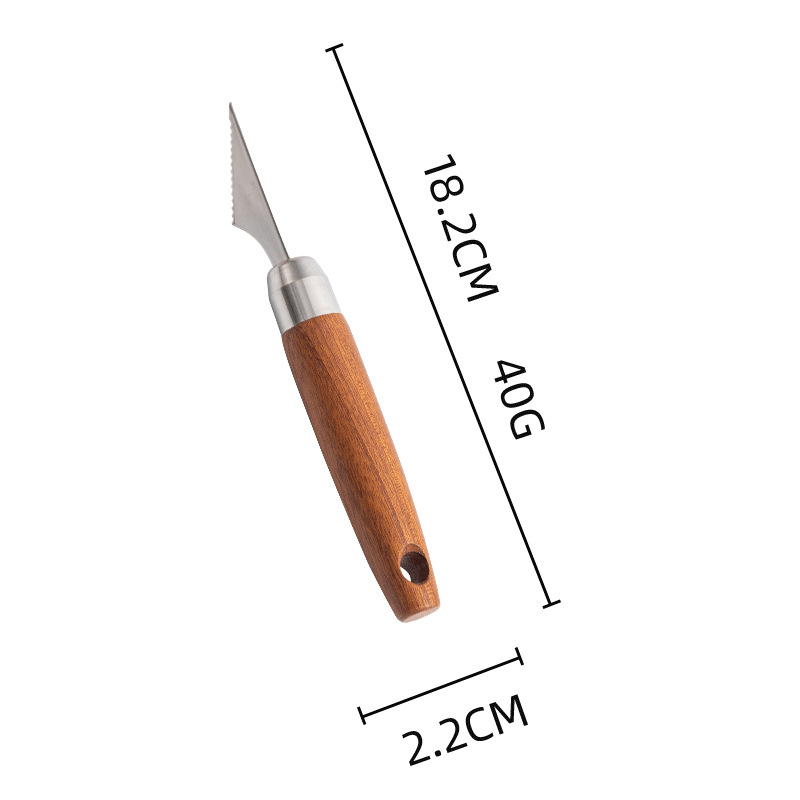 Set de ustensile de bucătărie din oțel inoxidabil 304, cu mâner din lemn – include formator pentru bile de fructe, suport pentru tavă, decupator de sâmburi, cuțit pentru creveți, cuțit de decojit, deschizător de sticle