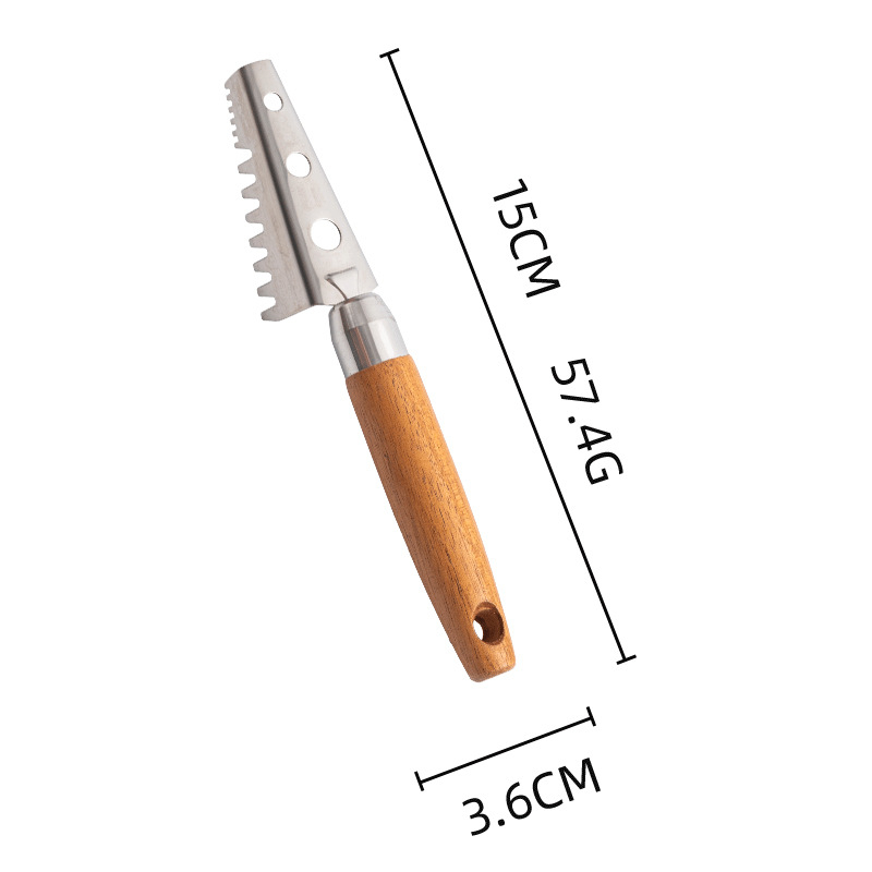 Set de ustensile de bucătărie din oțel inoxidabil 304, cu mâner din lemn – include formator pentru bile de fructe, suport pentru tavă, decupator de sâmburi, cuțit pentru creveți, cuțit de decojit, deschizător de sticle