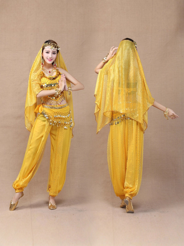Női indiai táncruházat – Belly Dance szett Bellybanddel és bloomers-rel, chiffon anyag, 90–95% poliészter, hercegnő-stílus, 2025 őszén megjelenés