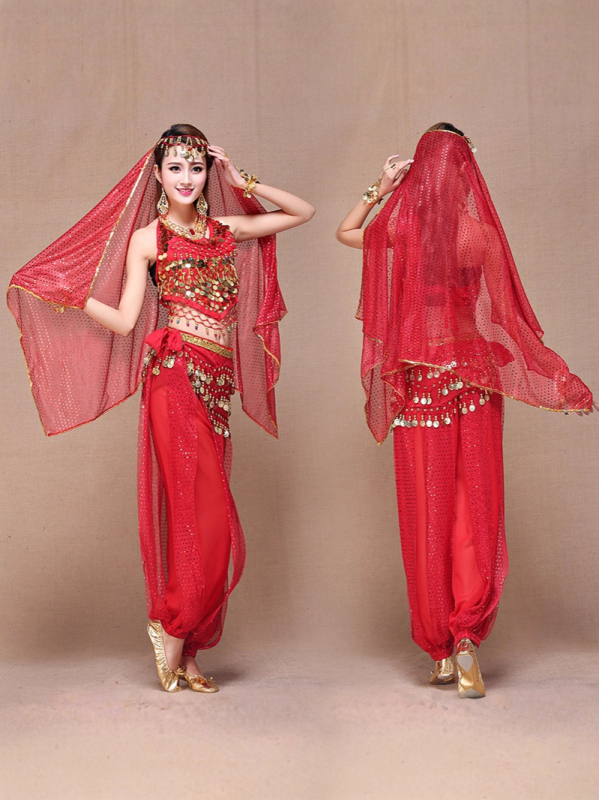 Női indiai táncruházat – Belly Dance szett Bellybanddel és bloomers-rel, chiffon anyag, 90–95% poliészter, hercegnő-stílus, 2025 őszén megjelenés