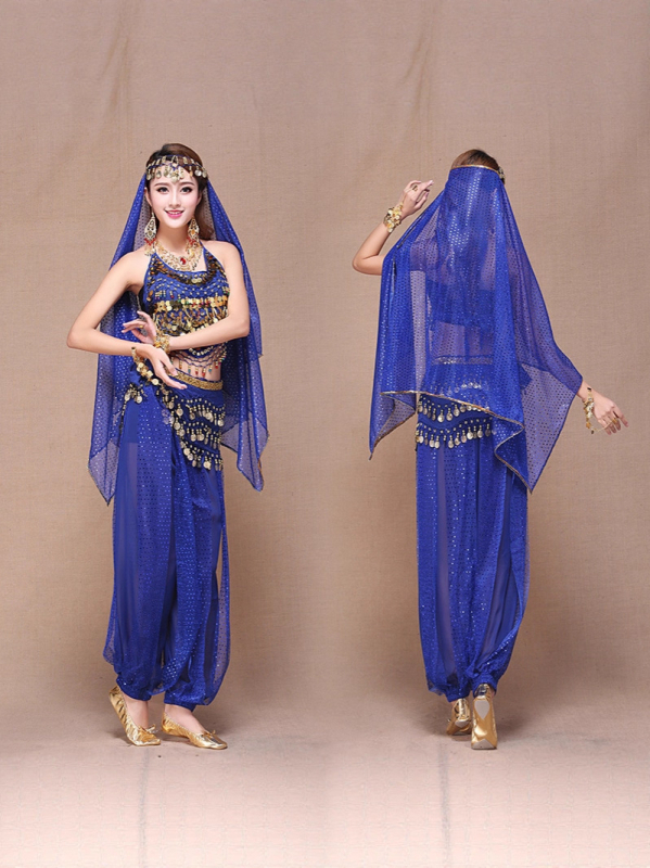 Női indiai táncruházat – Belly Dance szett Bellybanddel és bloomers-rel, chiffon anyag, 90–95% poliészter, hercegnő-stílus, 2025 őszén megjelenés