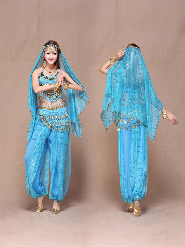 Női indiai táncruházat – Belly Dance szett Bellybanddel és bloomers-rel, chiffon anyag, 90–95% poliészter, hercegnő-stílus, 2025 őszén megjelenés