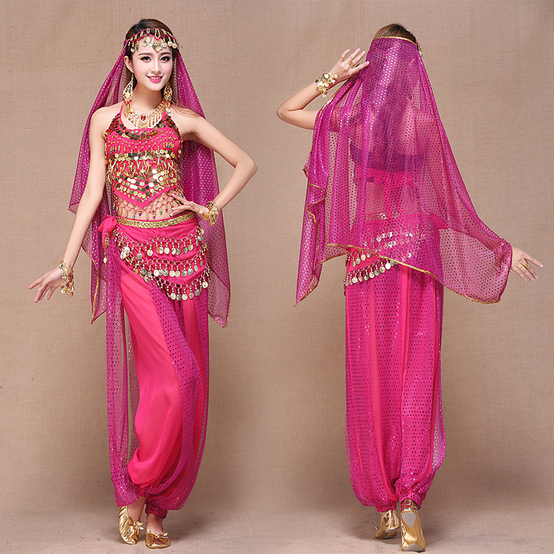 Női indiai táncruházat – Belly Dance szett Bellybanddel és bloomers-rel, chiffon anyag, 90–95% poliészter, hercegnő-stílus, 2025 őszén megjelenés
