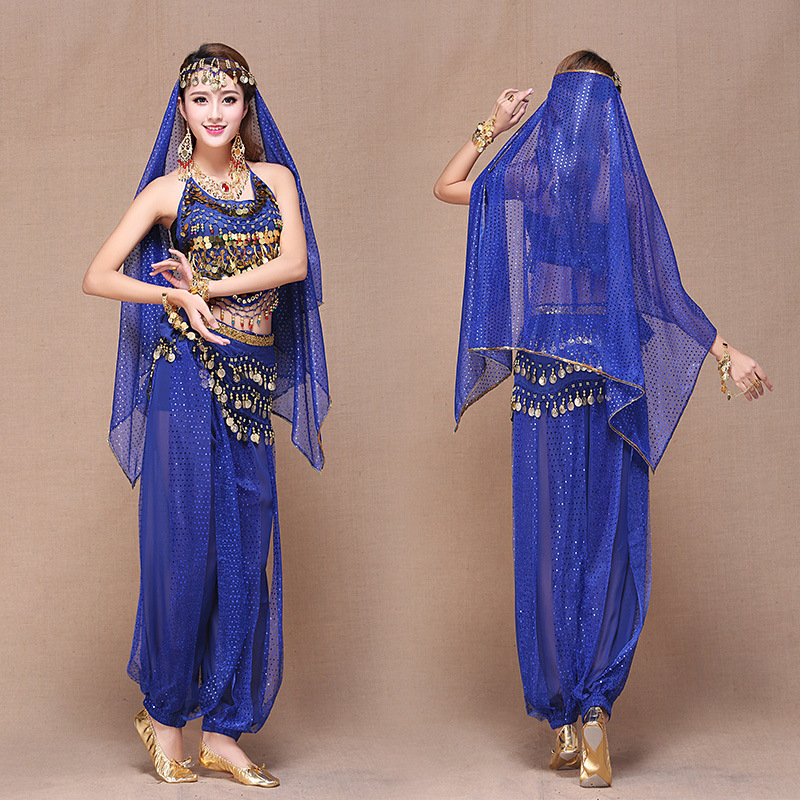 Női indiai táncruházat – Belly Dance szett Bellybanddel és bloomers-rel, chiffon anyag, 90–95% poliészter, hercegnő-stílus, 2025 őszén megjelenés