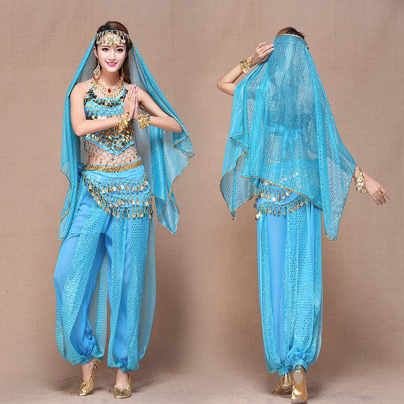 Női indiai táncruházat – Belly Dance szett Bellybanddel és bloomers-rel, chiffon anyag, 90–95% poliészter, hercegnő-stílus, 2025 őszén megjelenés