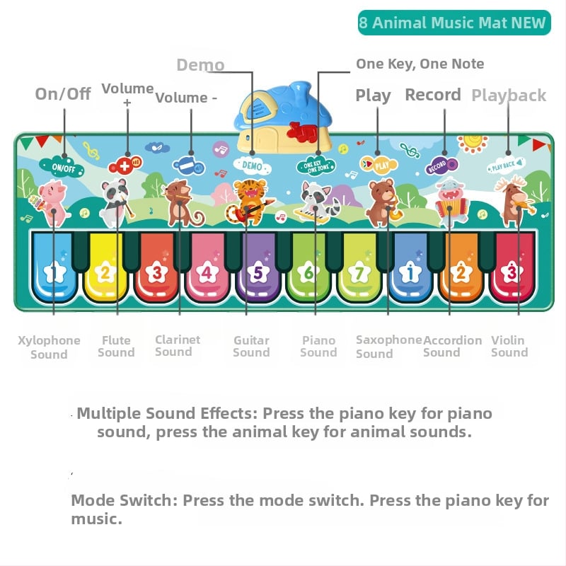 Záznamový nožný klavírmat pre deti – zvieracia hudba, interaktív hracia podložka